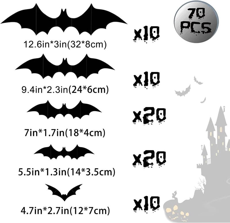 Runleo Halloween 3D Bats Wall Decor - 70 Pcs 5 Different Sizes Matte Black Reusable PVC Scary Bat Stickers Vintage Goth Wall Decals for Home Door Indoor Outdoor Party Decorations - Image 5